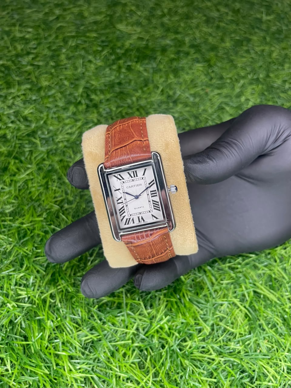 Cartier Tank Style White Dial Brown Strap Watch | Aziz Store