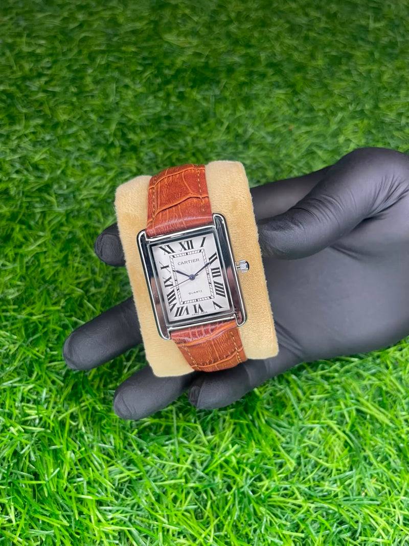 Cartier Tank Style White Dial Brown Strap Watch