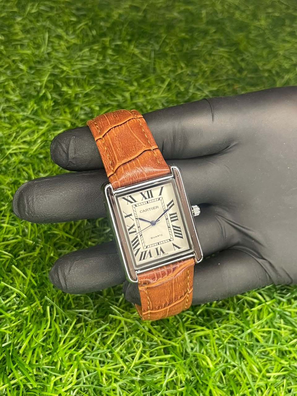 Cartier Tank Style White Dial Brown Strap Watch | Aziz Store