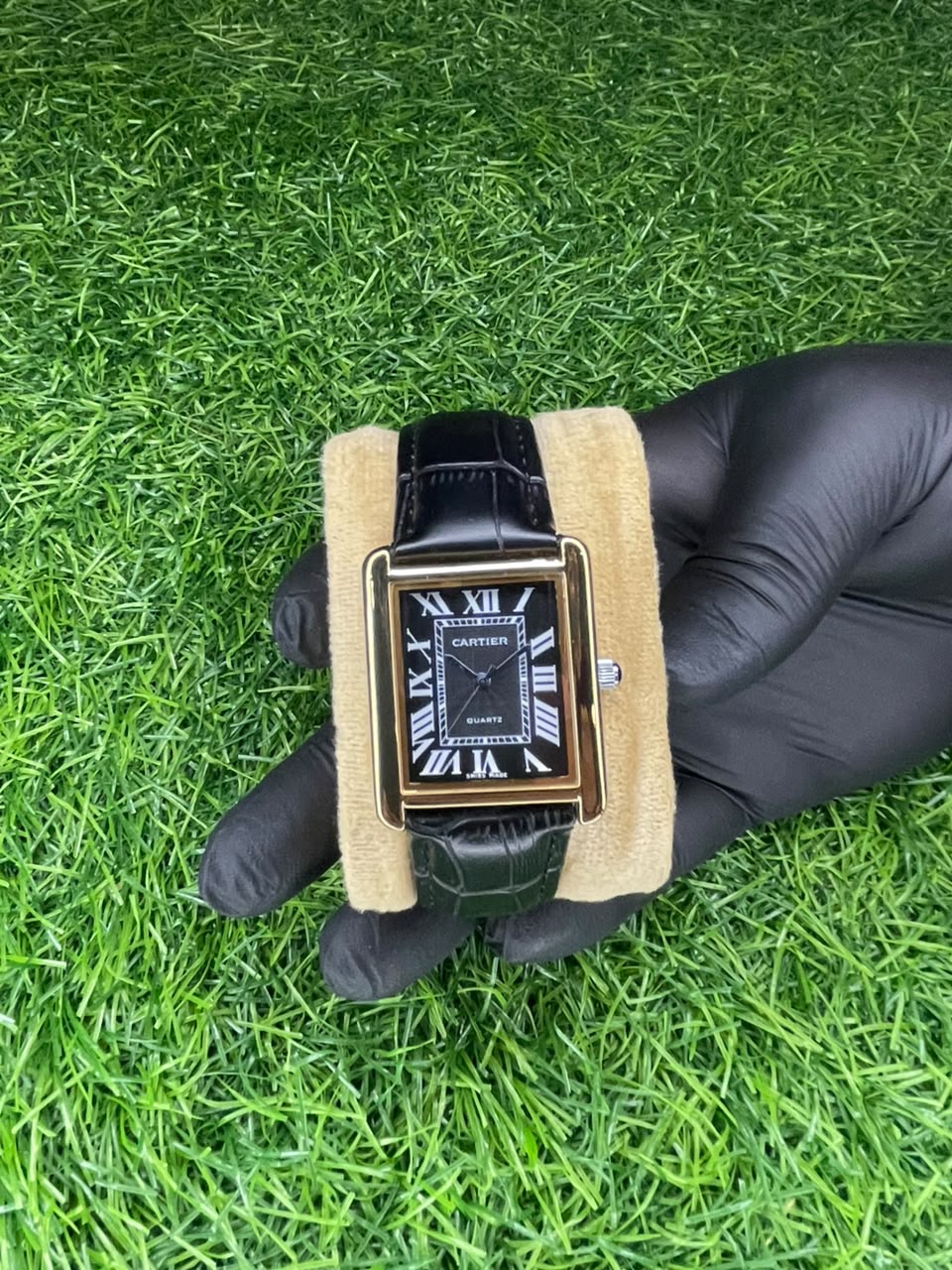 Cartier Tank Style Black Dial Gold Case Watch | Aziz Store