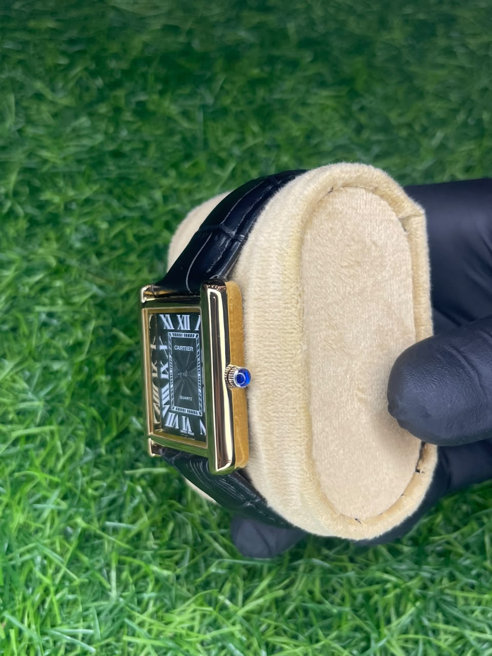Cartier Tank Style Black Dial Gold Case Watch | Aziz Store