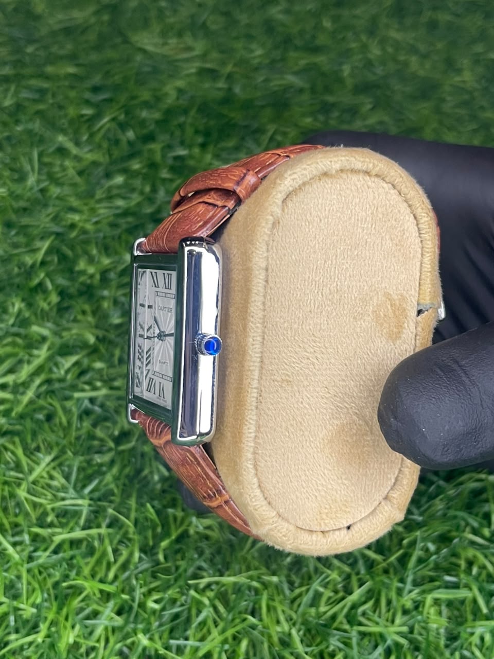 Cartier Tank Style White Dial Brown Strap Watch | Aziz Store