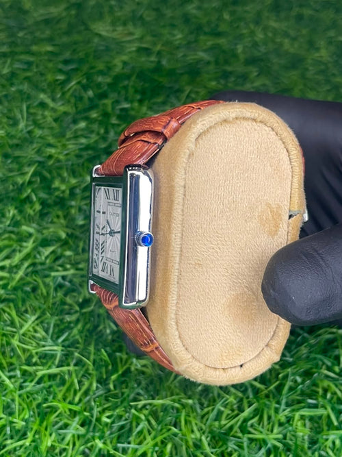 Cartier Tank Style White Dial Brown Strap Watch | Aziz Store