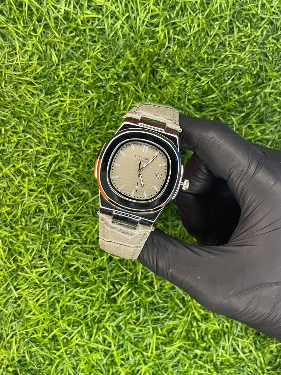 Patek Philippe style silver dial watch with stainless steel bracelet at Aziz Store Pakistan