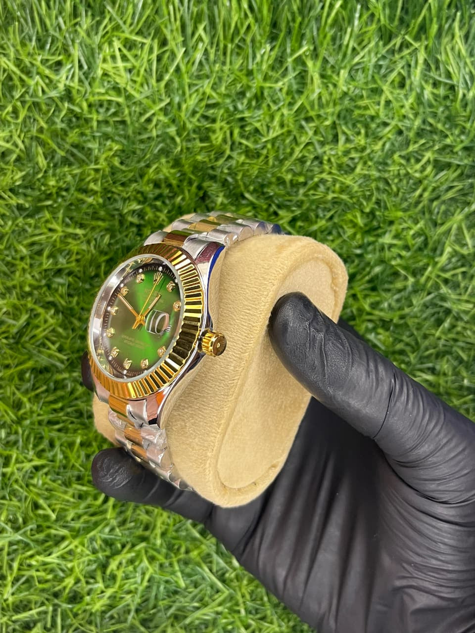 Rolex Datejust style green dial two-tone steel watch with fluted bezel at Aziz Store Pakistan
